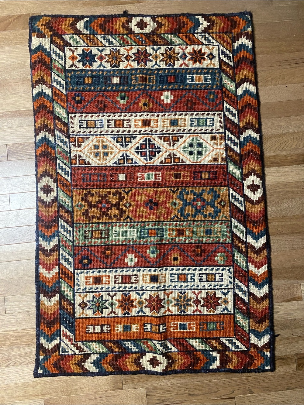 Handcrafted Geometric Accent Rug — Multi-Tone Rust & Navy 31” x 48.5”